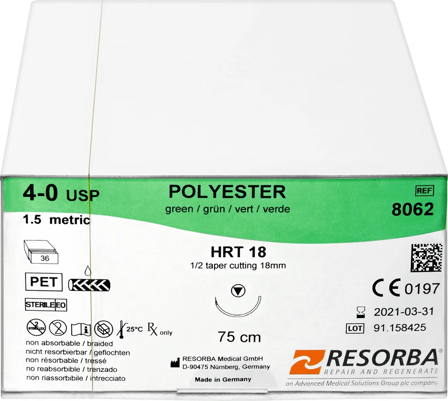 RESORBA® Polyester Packung 36 Stück, grün, 75 cm, HRT 18, USP 4/0