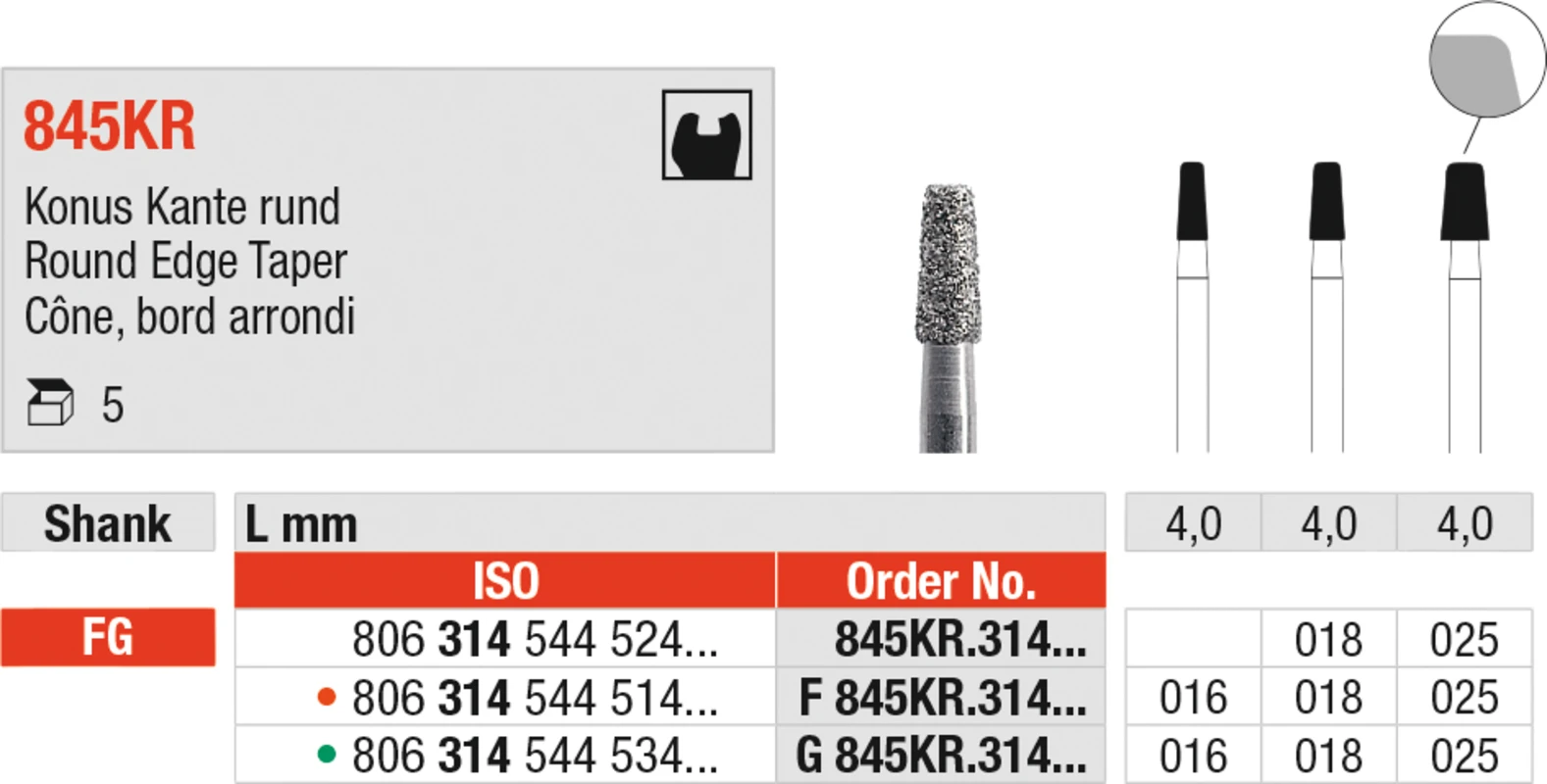 Diamanten 845KR Packung 5 Stück grün grob, FG, Figur 544 Konus Kante rund, 4 mm, ISO 018