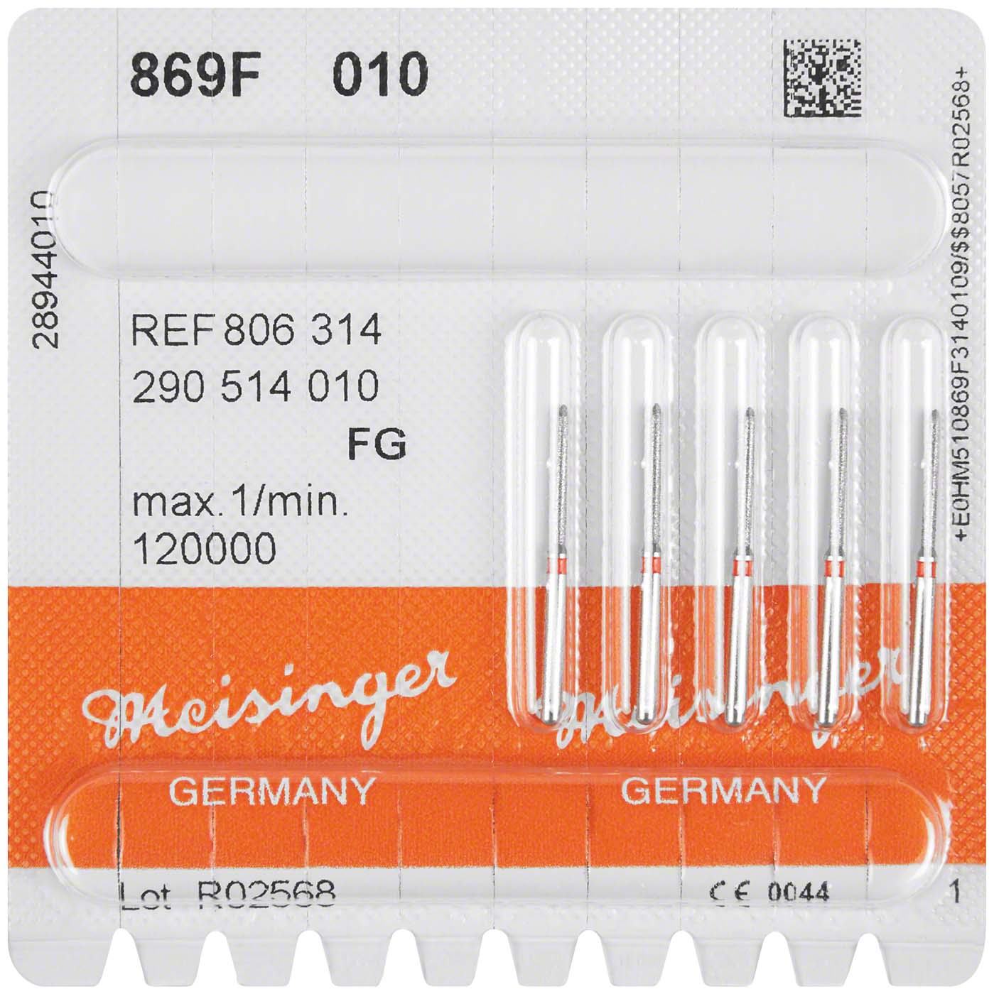 Diamanten 869 – Packung 5 Stück rot fein, FG, Figur 290 Torpedo, 10 mm, ISO 010