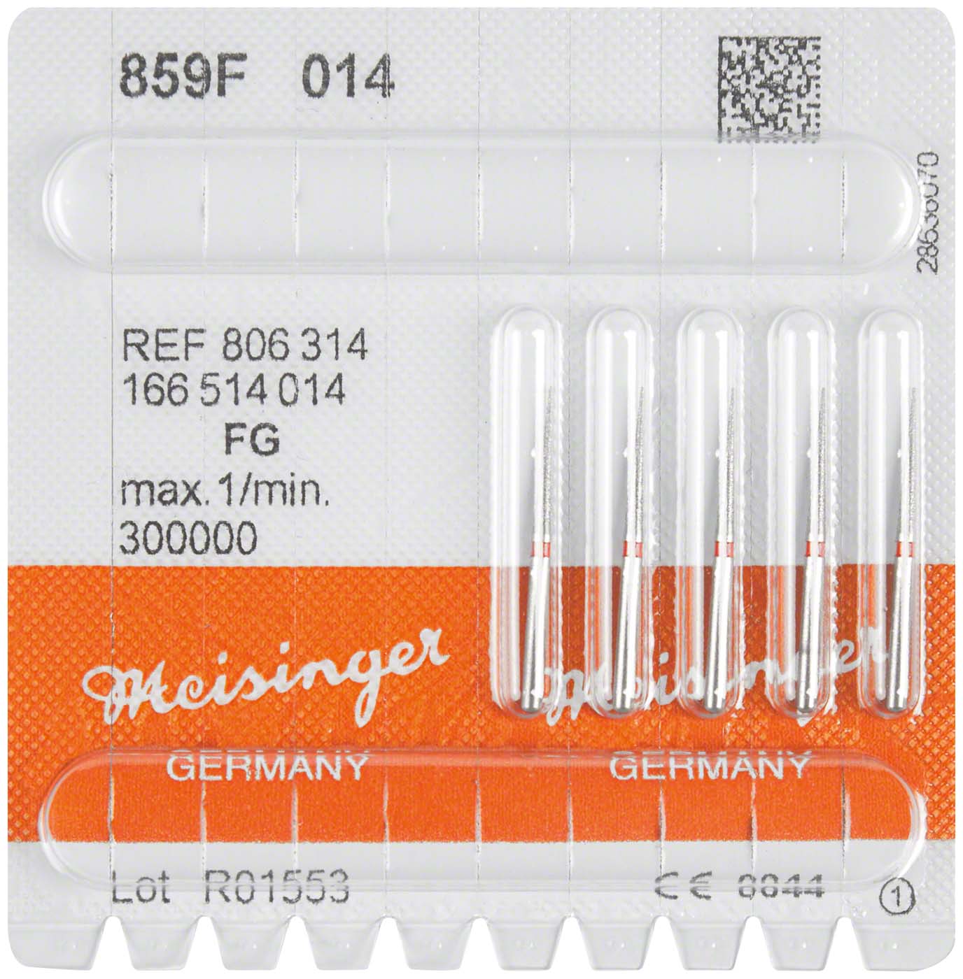 Diamanten 859 – Packung 5 Stück rot fein, FG, Figur 166 kon. spitz, 10 mm, ISO 014