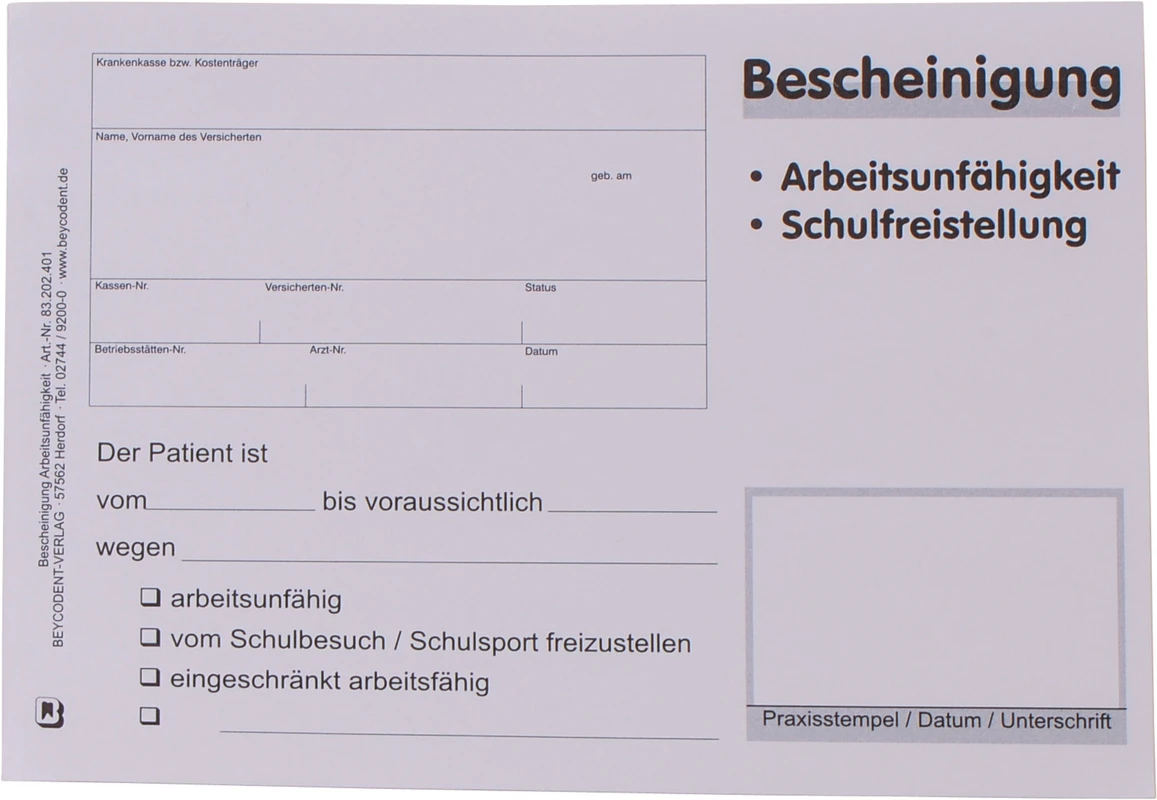 Bescheinigung über Arbeitsunfähigkeit/Schulfreistellung Block 100 Stück