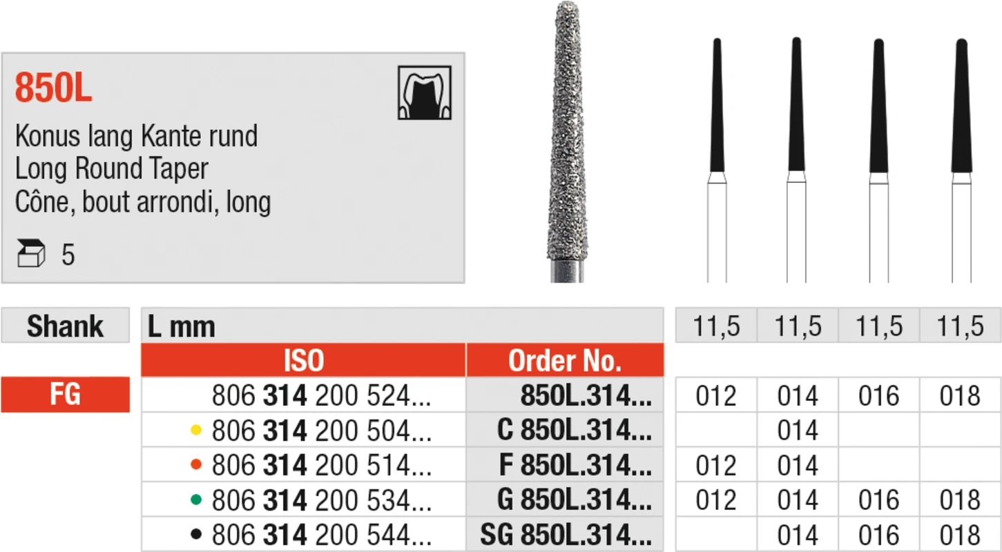 Diamanten 850L Packung 5 St. grün grob, FG, Fig. 200 Konus lang, Kante rund, 11,5 mm, ISO 012