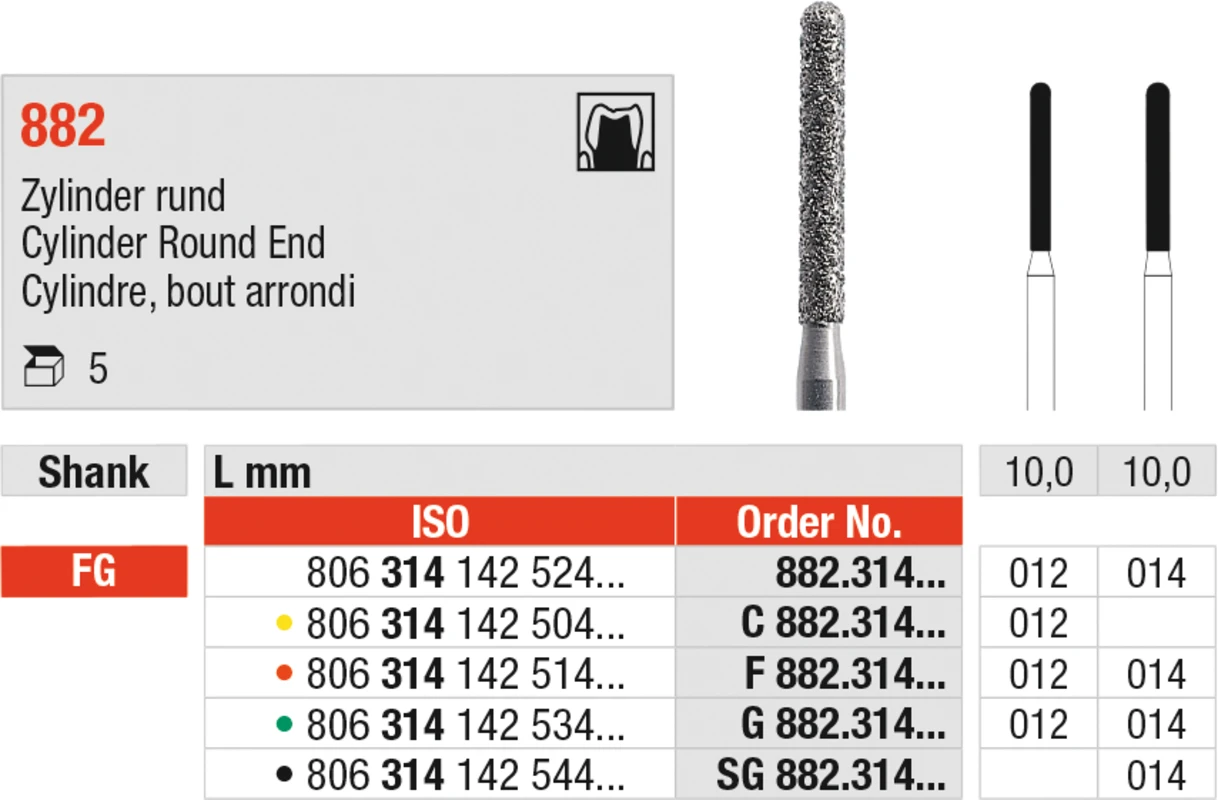 Diamanten 882 Packung 5 Stück Standard, FG, Figur 142 Zylinder rund, 10 mm, ISO 012