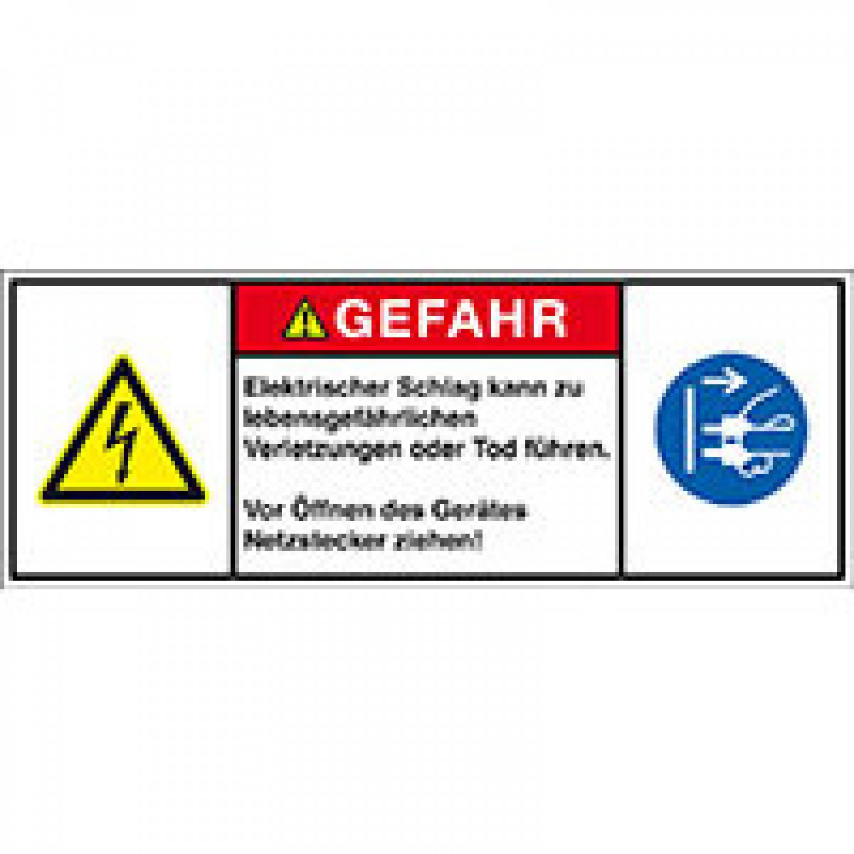 Produktsicherheitsschild Gefahr-Elektrischer Schlag,RoHS konform,Folie,200x75mm, 1 Stück