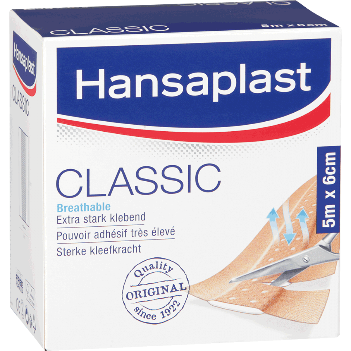 Hansaplast Classic-Pflaster, luftdurchlässig, für normale Haut, 6cm, 5m/Rolle, 5 m