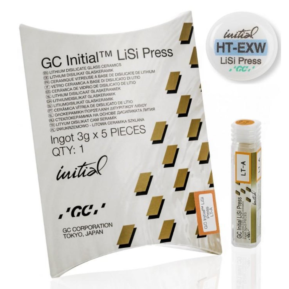 GC Initial LiSi Press, Verblendungen, Typ Rohlinge und Pellets, HT, Farbe EXW, Packung 5 x 3 g, geeignet für alle Arten Restaurationen über alle Transluzenzstufen