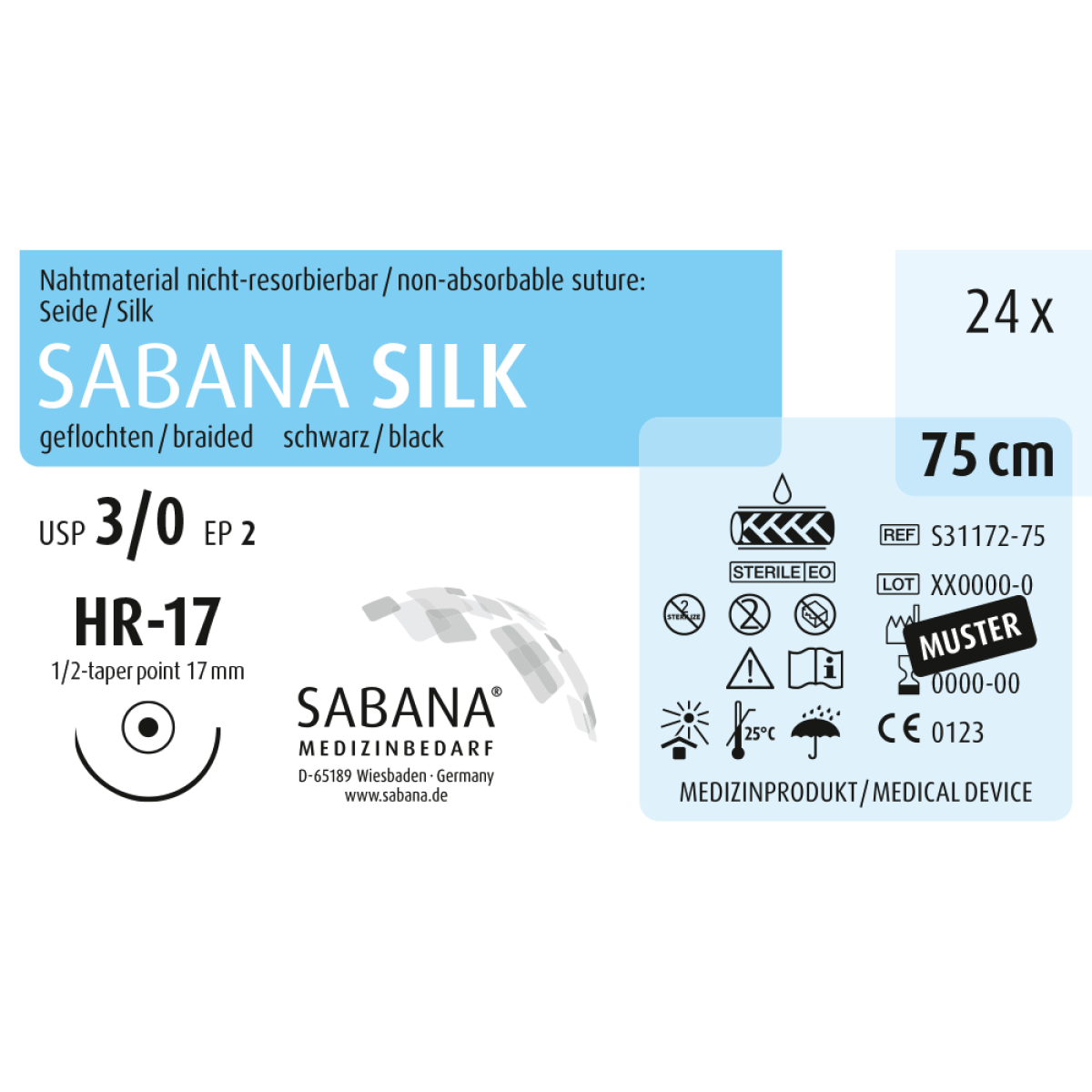 SABANA SILK – nicht resorbierbar, Seide, 75 cm, USP 3-0, HR-17, 1/2-Kreis, Rundkörper, 24 Stück