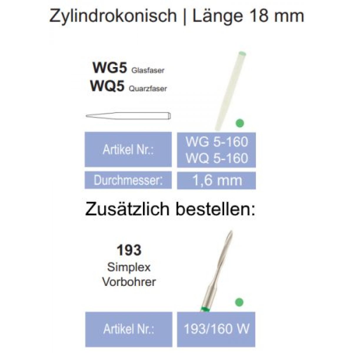 Glasfaserstifte / Ø 160 / Zylindrokonisch, WG 5-160, 1 Packung à 10 Stifte