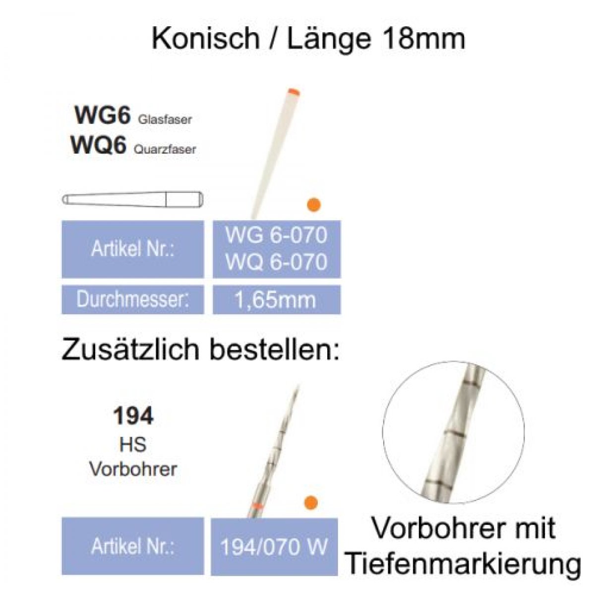 Quarzfaserstifte / Ø 070 / Konisch, WQ 6-070, 1 Packung à 10 Stifte