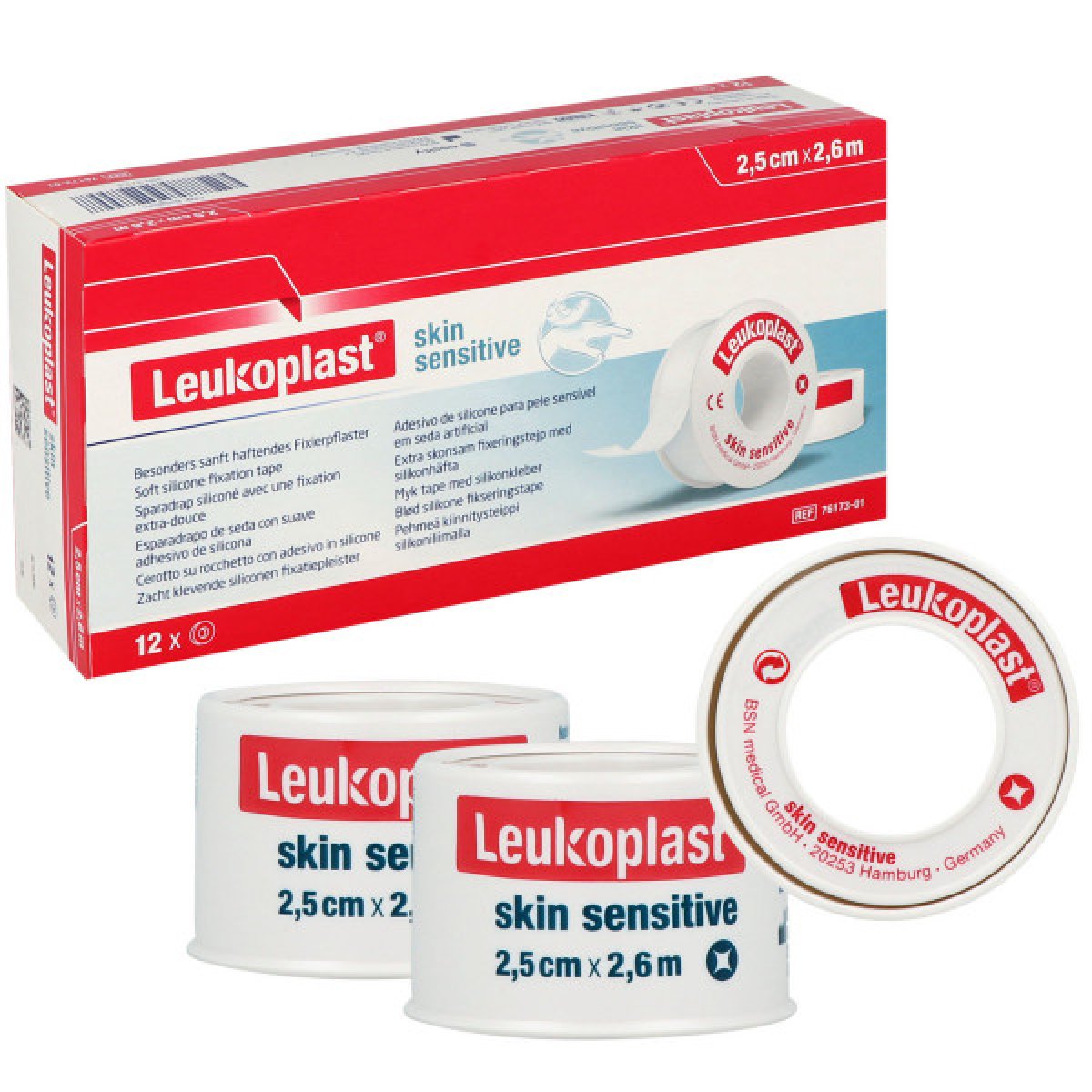 Leukoplast Skin Sensitive Rollenpflaster für empfindliche Haut 2.5 cm x 2.6 m – 12 Stück m. Schutzring