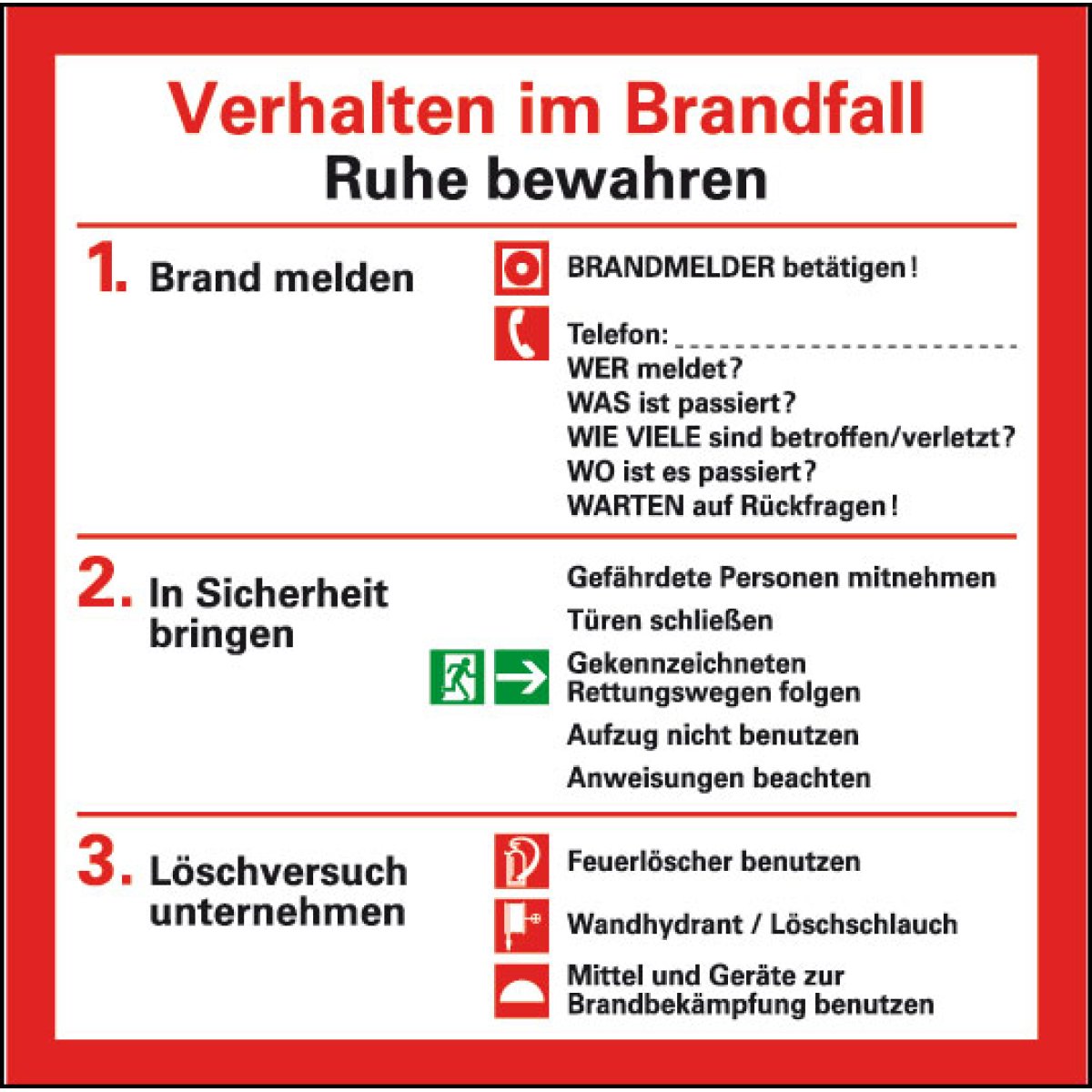 Notfallplan Verhalten im Brandfall, Kunststoff, 200×200 mm, 1 Stück