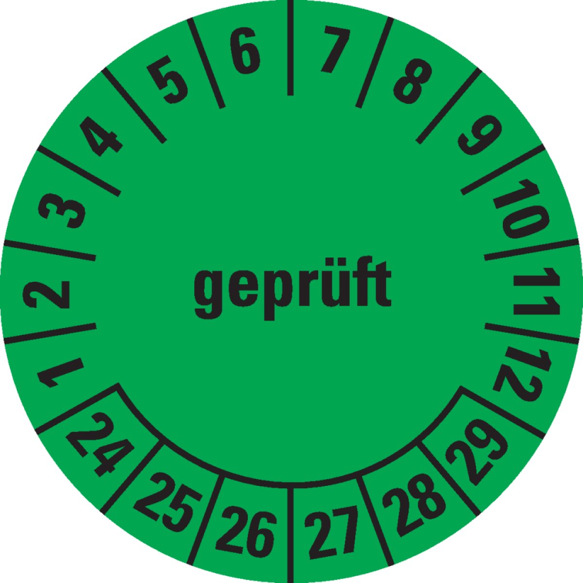 Prüfplakette geprüft 24-29, grün, Folie, ablösbar, Ø 20mm, 36/Bogen, 36 Stück