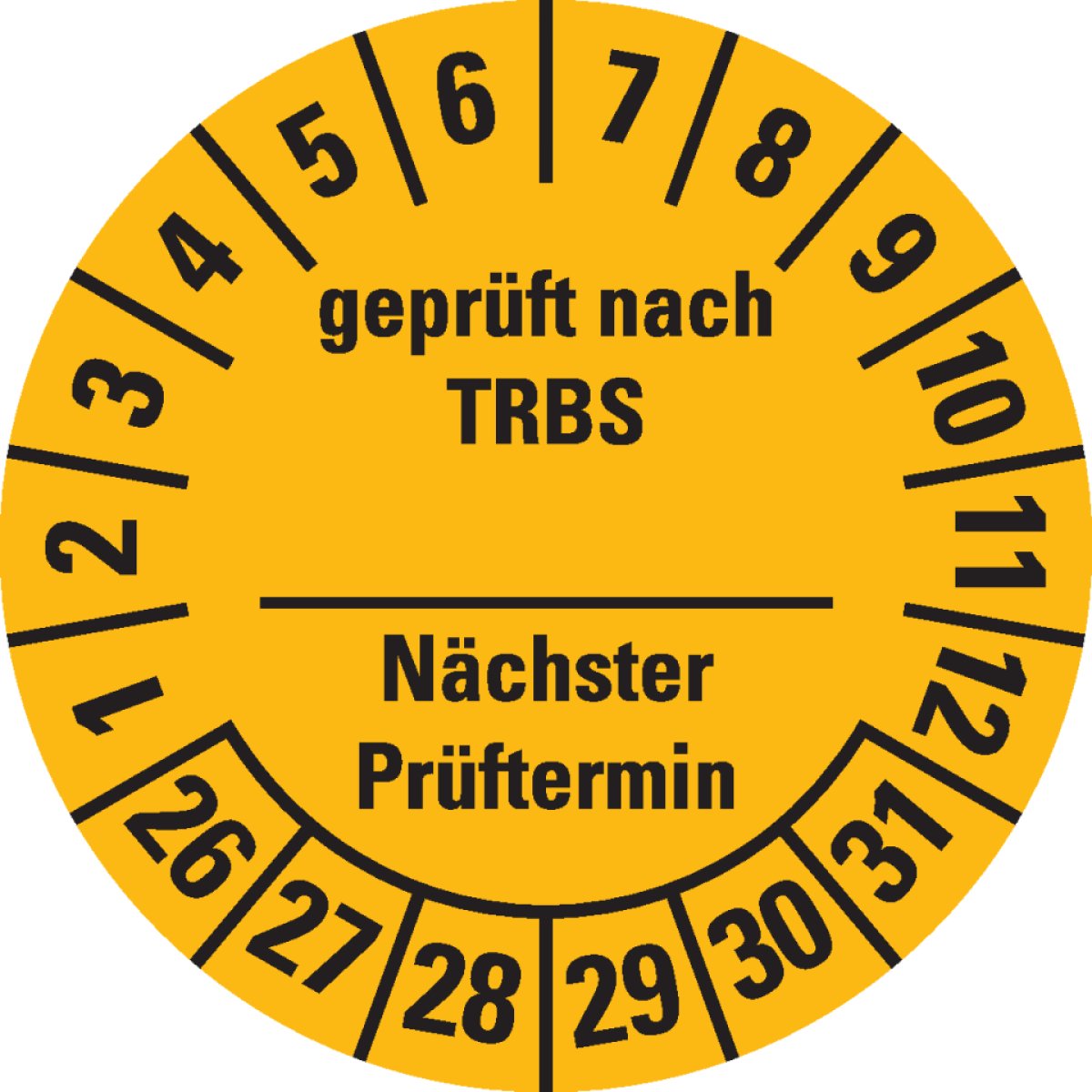 Prüfplakette TRBS Nächster Prüftermin, Selbstbeschriften, 26-31, gelb, Dokumentenfolie, Ø30mm, 18/Bogen, 18 Stück