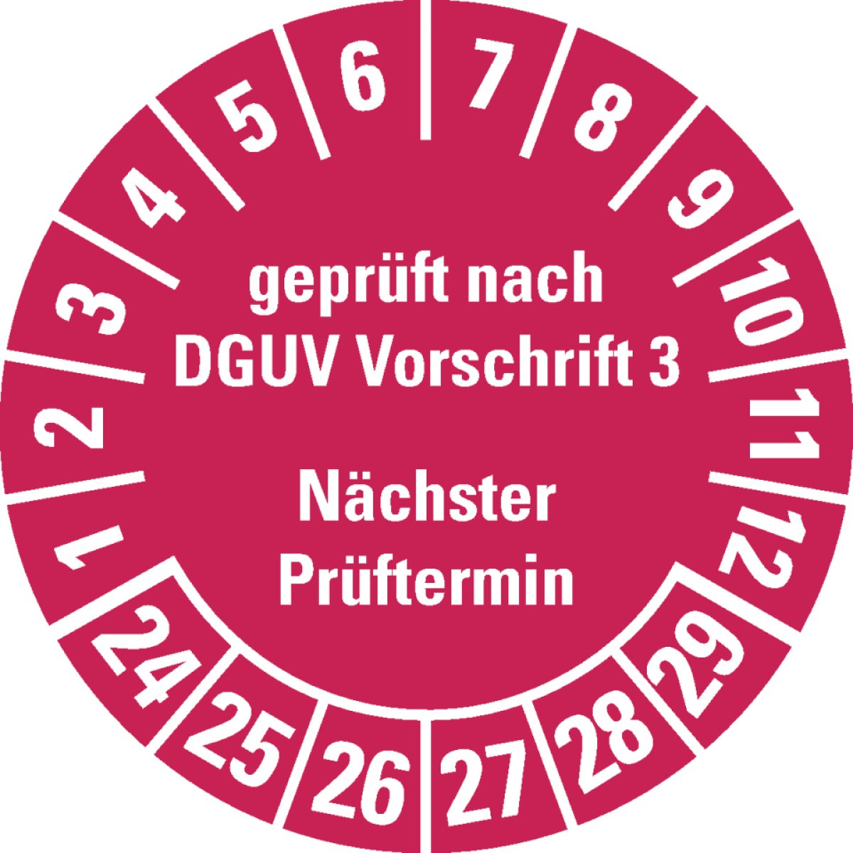 Prüfplakette geprüft nach DGUV Vorschrift 3 Nächster Prüftermin,24-29,rot,Folie,ablösbar,Ø 25mm,21/Bogen, 21 Stück