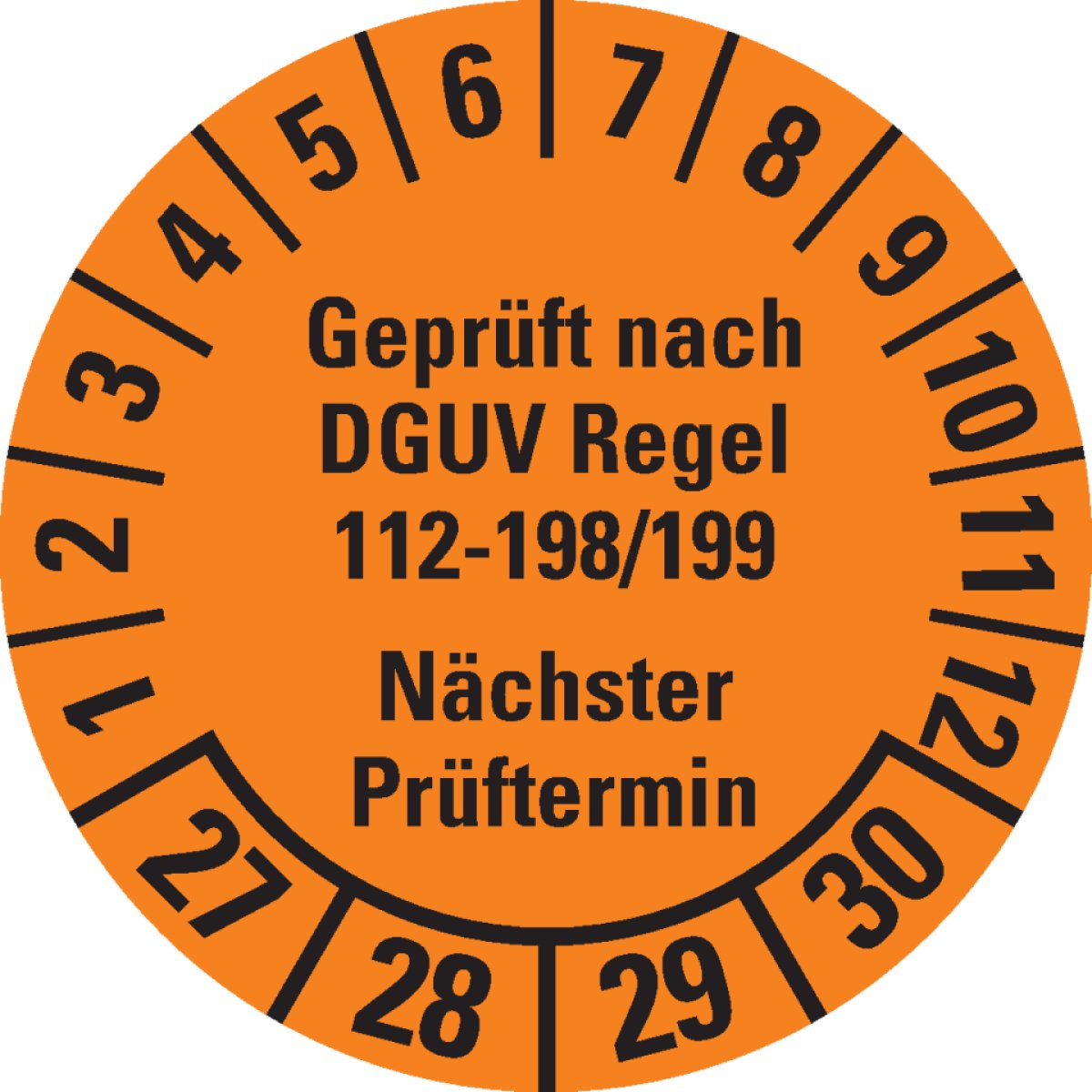 Prüfplakette Geprüft nach DGUV 112-198/199 27-30, orange, Ø 30mm, 18/Bogen, 18 Stück