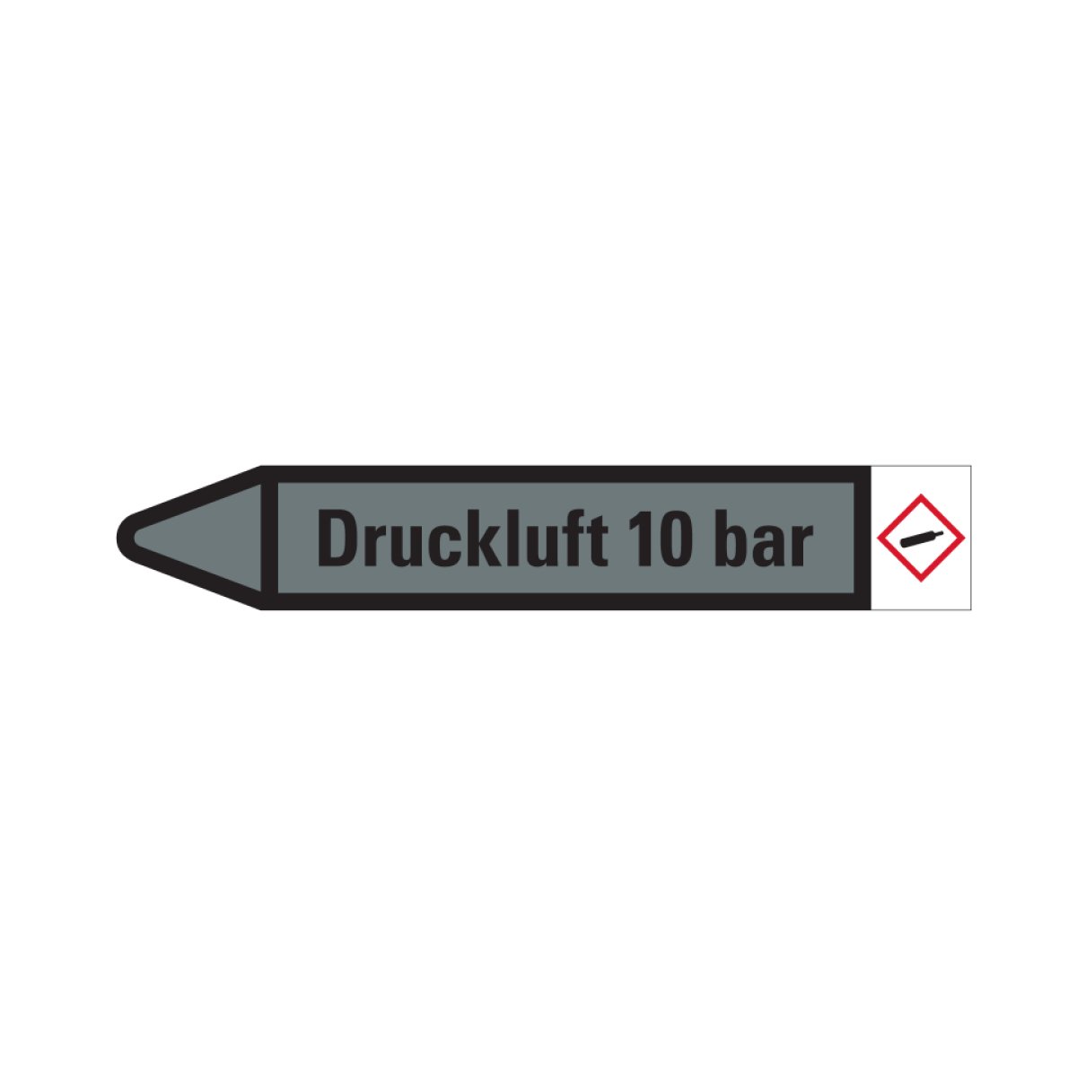 Rohrleitungskennzeichen Etikett Druckluft 10 bar,links,grau/schwarz,für Ø 25-40mm,154x26mm,5/Bogen, 5 Stück