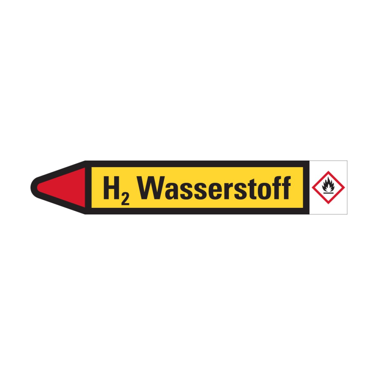 Rohrleitungskennzeichen Etikett H2 Wasserstoff,links,gelb/schwarz/rot,für Ø 40-60mm,218x37mm,5/Bogen, 5 Stück