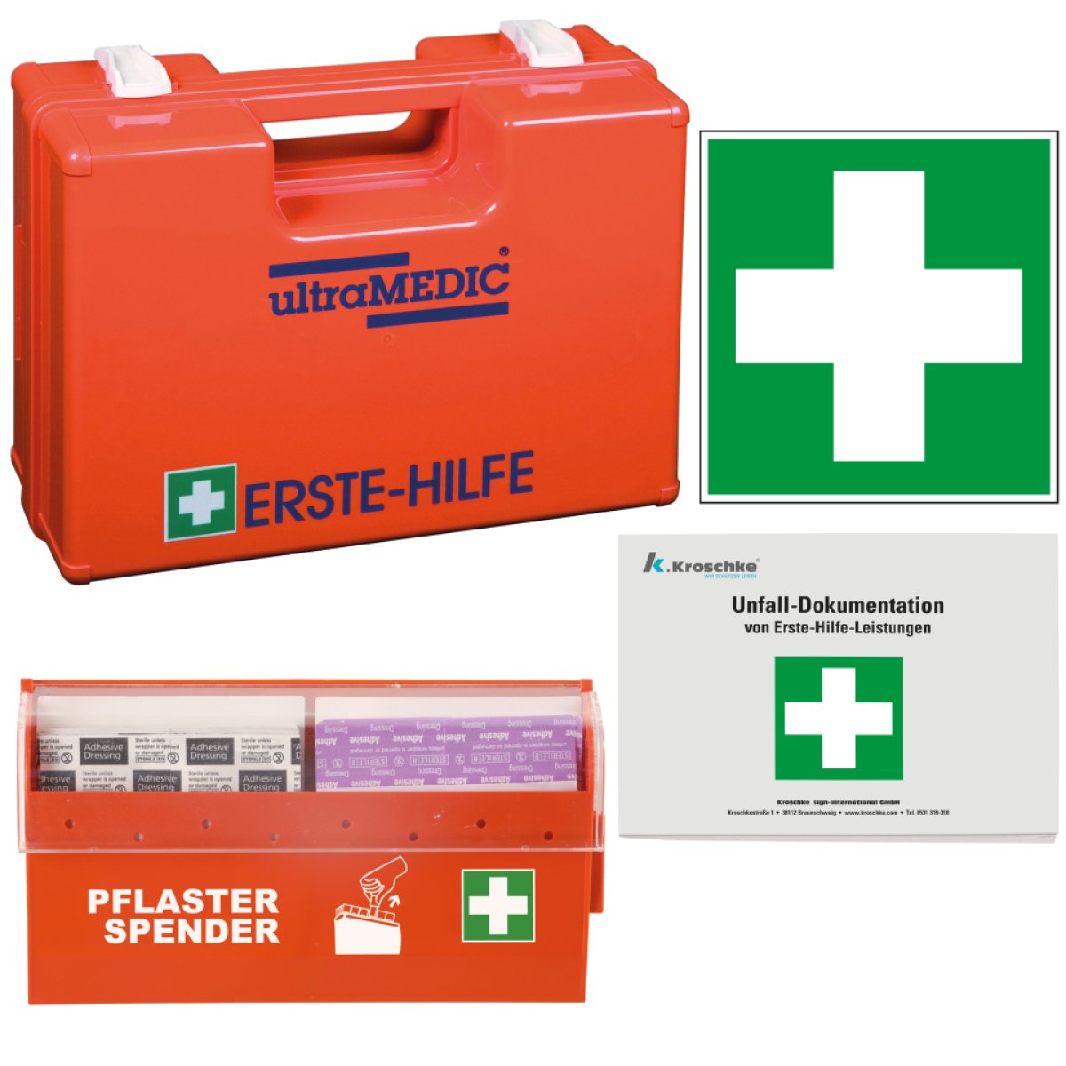 Vorteils-Set Erste Hilfe-Koffer ultraBox, Pflasterspender BASIC, Verbandblock, Rettungszeichen, 1 Packung